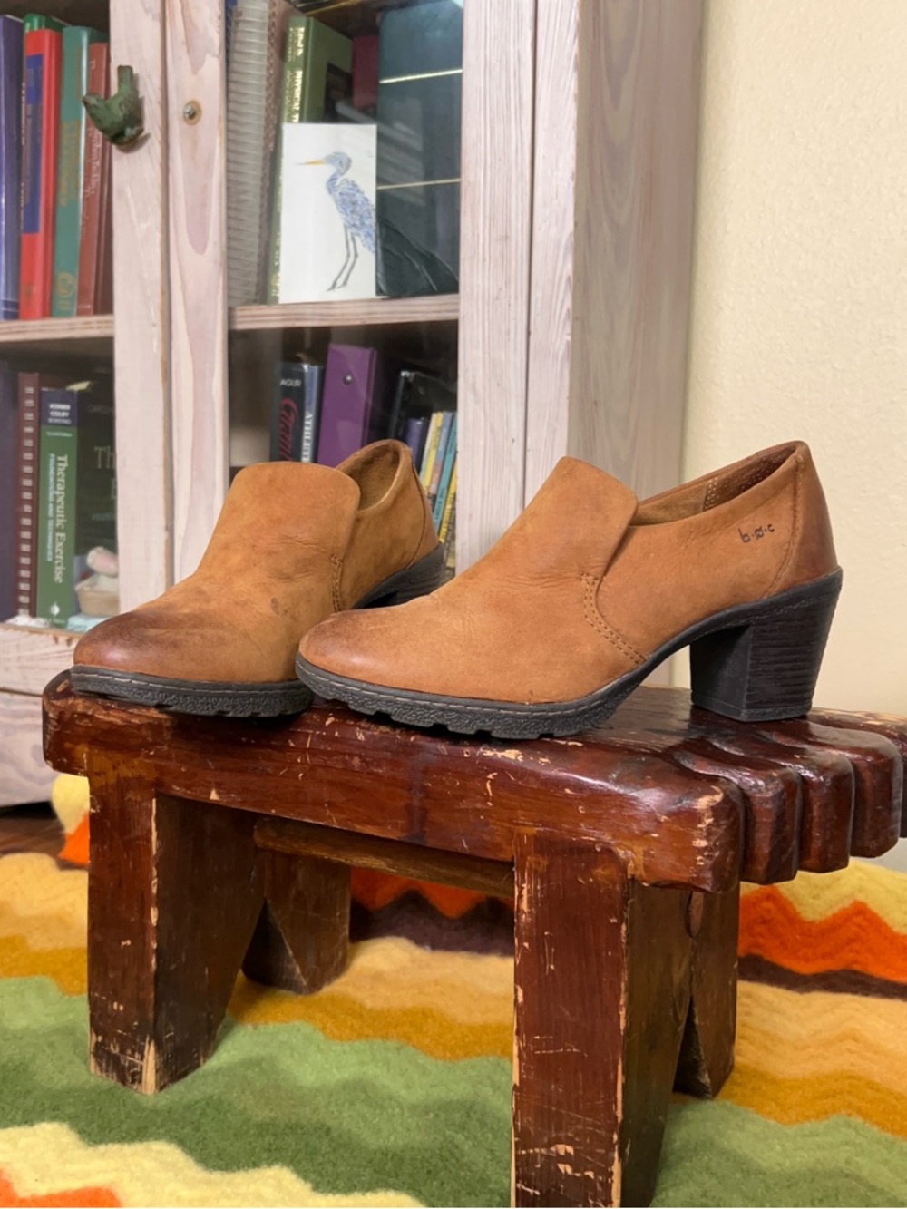 Brown Tan Leather Ankle Boots Chunky Block Heels Distressed Boho Y2K Grunge